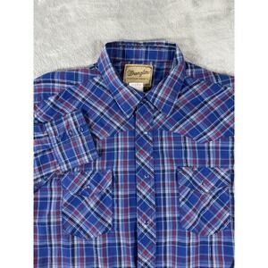 Wrangler Western Shirt Mens 2XL Blue Plaid Pearl Snap‎ Long Sleeve